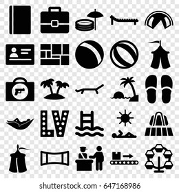 Vacation icons set. set of 25 vacation filled icons such as luggage belt, pass control, briefcase with weapon, passport, ball, woman in hammock, vegas, slippers, luggage scan
