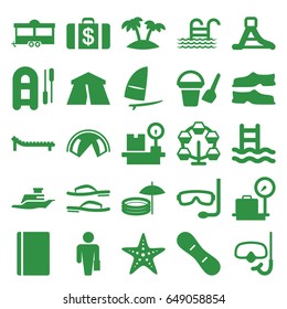 Vacation icons set. set of 25 vacation filled icons such as passport, lugagge weight, tent, bucket toy for beach, money case, slippers, trailer, waterslide, ship, palm