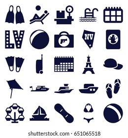 Vacation icons set. set of 25 vacation filled icons such as briefcase with weapon, eiffel tower, ball, boat, kite, flip flops, vegas, lugagge weight, ship, snow board