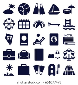 Vacation icons set. set of 25 vacation filled icons such as luggage belt, passport, vegas, sailboat, case, swimsuit, camera case, hotel, sunbed, flippers, man laying in sun