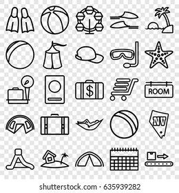 Vacation icons set. set of 25 vacation outline icons such as passport, lugagge weight, ball, woman in hammock, money case, vegas, slippers, luggage scan, luggage cart