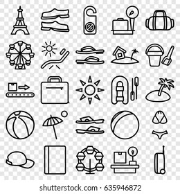 Vacation icons set. set of 25 vacation outline icons such as passport, lugagge weight, eiffel tower, bucket toy for beach, sunbed, do not disturb, slippers, luggage scan, case