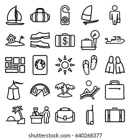 Vacation icons set. set of 25 vacation outline icons such as pass control, lugagge weight, flip flops, money case, boat, do not disturb, slippers, lugagge, case, palm