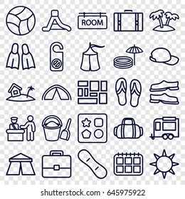Vacation icons set. set of 25 vacation outline icons such as pass control, tent, from toy for beach, do not disturb, slippers, trailer, lugagge, waterslide, palm, room tag