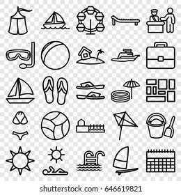 Vacation icons set. set of 25 vacation outline icons such as pass control, kite, slippers, lugagge, ship, boat, avenue, home on island, hotel, sunbed, pool ladder