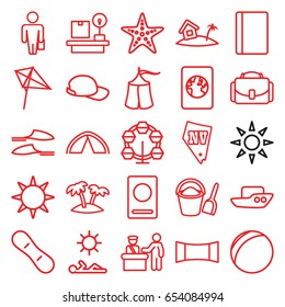 Vacation icons set. set of 25 vacation outline icons such as pass control, passport, boat, kite, vegas, slippers, lugagge weight, palm, panorama mode, camera case
