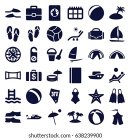 Vacation icons set. set of 36 vacation filled icons such as passport, plane, ball, boat, bucket toy for beach, flip flops, sunbed, money case, vegas, do not disturb, slippers