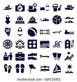Vacation icons set. set of 36 vacation filled icons such as luggage belt, pass control, briefcase with weapon, plane, ball, boat, bucket toy for beach, from toy for beach
