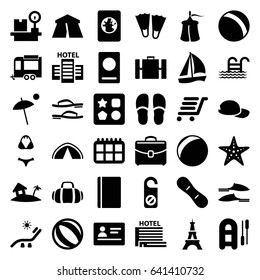 Vacation icons set. set of 36 vacation filled icons such as passport, tent, eiffel tower, ball, from toy for beach, sunbed, do not disturb, slippers, trailer, lugagge weight