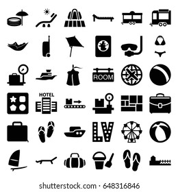 Vacation icons set. set of 36 vacation filled icons such as luggage belt, lugagge weight, plane, ball, boat, bucket toy for beach, from toy for beach, kite, woman in hammock