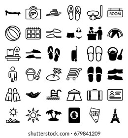 Vacation icons set. set of 36 vacation filled and outline icons such as pass control, eiffel tower, woman in hammock, slippers, swimsuit, palm, sunbed, pool ladder, flip flops