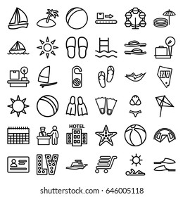 Vacation icons set. set of 36 vacation outline icons such as pass control, passport, lugagge weight, ball, kite, woman in hammock, flip flops, vegas, do not disturb, slippers