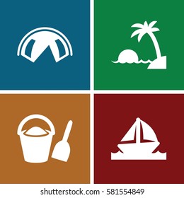 vacation icons set. Set of 4 vacation filled icons such as boat, island, bucket and shovel