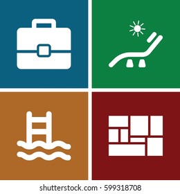 vacation icons set. Set of 4 vacation filled icons such as sunbed, lugagge, case