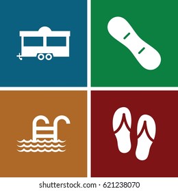 Vacation icons set. set of 4 vacation filled icons such as trailer, snow board, pool ladder