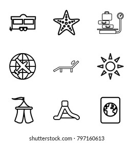 Vacation icons. set of 9 editable outline vacation icons such as plane, trailer, waterslide, tent, sunbed, starfish, passport