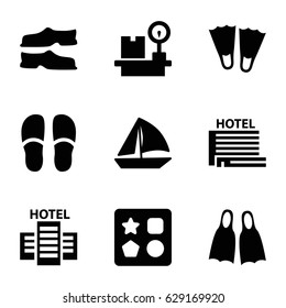 Vacation icons set. set of 9 vacation filled icons such as from toy for beach, slippers, sailboat, lugagge weight, hotel