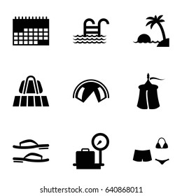 Vacation icons set. set of 9 vacation filled icons such as luggage belt, lugagge weight, swimsuit, pool ladder, island, flip flops, tent