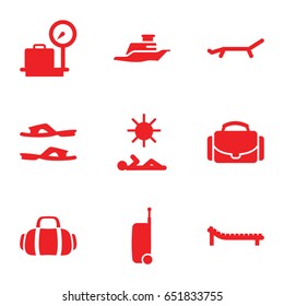 Vacation icons set. set of 9 vacation filled icons such as lugagge weight, slippers, ship, camera case, sport bag, sunbed, man laying in sun
