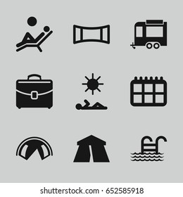 Vacation icons set. set of 9 vacation filled icons such as tent, trailer, case, panorama mode, pool ladder, man laying in sun, man laying in the sun