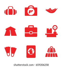 Vacation icons set. set of 9 vacation filled icons such as luggage belt, briefcase with weapon, tent, woman in hammock, lugagge weight, sport bag, passport, case