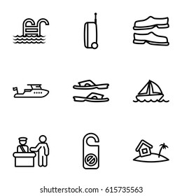 Vacation icons set. set of 9 vacation outline icons such as pass control, boat, do not disturb, slippers, home on island, pool ladder