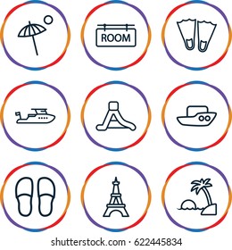 Vacation icons set. set of 9 vacation outline icons such as Eiffel Tower, boat, slippers, waterslide, room tag, umbrella, island