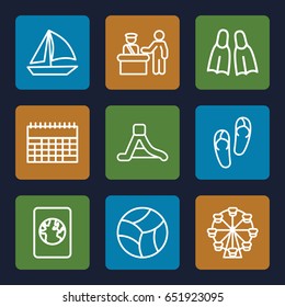 Vacation icons set. set of 9 vacation outline icons such as pass control, flip flops, waterslide, flippers, beach ball, passport, sailboat, calendar