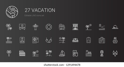 vacation icons set. Collection of vacation with beach, boarding pass, boat, colosseum, palm tree, suitcase, hammock, passport, hotel, caravan. Editable and scalable vacation icons.