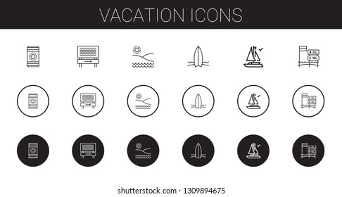 vacation icons set. Collection of vacation with beach towel, beach, surfboard, boat. Editable and scalable vacation icons.