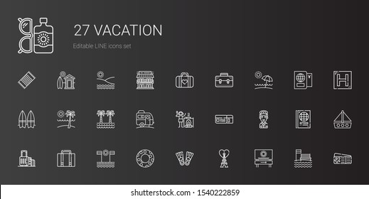 vacation icons set. Collection of vacation with beach, eiffel tower, flippers, float, luggage, suitcase, pilot, boarding pass, campfire. Editable and scalable vacation icons.