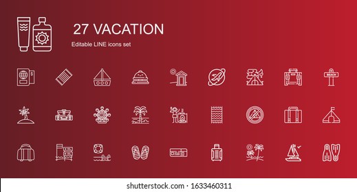 vacation icons set. Collection of vacation with beach, suitcase, boarding pass, flip flop, swimming pool, luggage, tent, beach towel, campfire. Editable and scalable vacation icons.