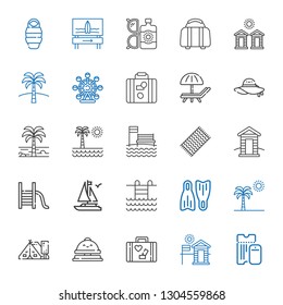 vacation icons set. Collection of vacation with boarding pass, cabin, luggage, reception bell, tent, palm tree, flippers, swimming pool. Editable and scalable vacation icons.