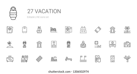 vacation icons set. Collection of vacation with boarding pass, beach, deck chair, colosseum, beach towel, flippers, suitcase, swimming pool. Editable and scalable vacation icons.