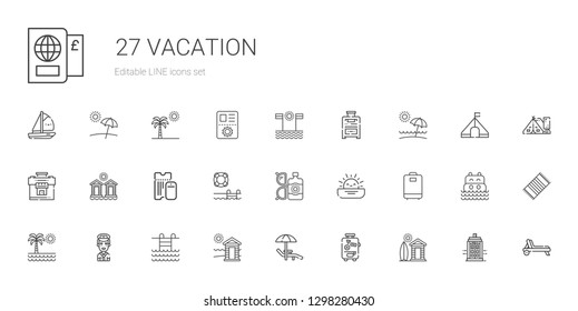 vacation icons set. Collection of vacation with cabin, suitcase, sunbed, swimming pool, pilot, palm tree, luggage, sunset, sun lotion, boarding pass. Editable and scalable vacation icons.