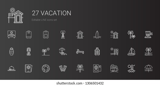 vacation icons set. Collection of vacation with caravan, passport, beach, flippers, float, pamela, suitcase, deck chair, sunbed, palm tree. Editable and scalable vacation icons.