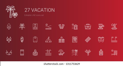 vacation icons set. Collection of vacation with palm tree, beach, sunbed, swimming pool, apron, beach towel, hammock, passport, cabins, tent. Editable and scalable vacation icons.