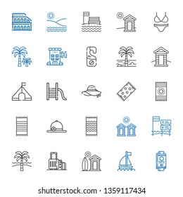 vacation icons set. Collection of vacation with passport, boat, cabin, suitcase, beach, cabins, beach towel, pamela, slide, tent, palm tree. Editable and scalable vacation icons.