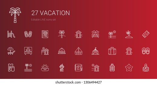 vacation icons set. Collection of vacation with suitcase, cabin, guests book, pilot, sunset, beach, boarding pass, tent, boat, reception bell. Editable and scalable vacation icons.