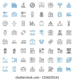 vacation icons set. Collection of vacation with suitcase, cabins, hotel, boat, briefcase, beach towel, beach, travel, passport, reception bell. Editable and scalable vacation icons.