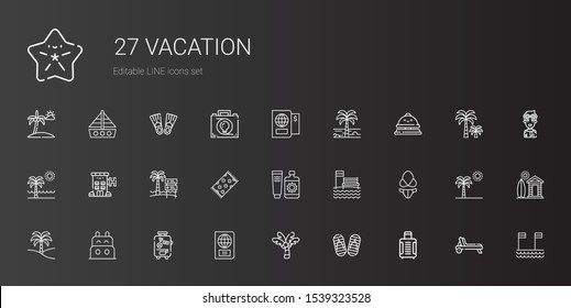 vacation icons set. Collection of vacation with suitcase, flip flop, palm tree, passport, boat, bikini, beach, sun cream, beach towel, hotel. Editable and scalable vacation icons.