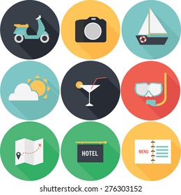 Vacation icons set flat design with long shadows