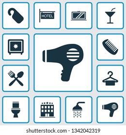 Vacation icons set with food, cocktail, hairdryer and other cloth elements. Isolated vector illustration vacation icons.
