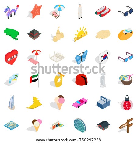 Vacation icons set. Isometric style of 36 vacation vector icons for web isolated on white background