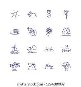 Vacation icons. Set of line icons on white background. Sea, palms, flowers, sun, sea ship. Vector illustration can be used for topics like vacation, holiday, travel