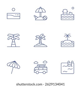 Vacation icons set. Thin Line style, editable stroke. sunbathe, island, swimming pool, beach, palm tree, umbrella, coconut tree, travel.