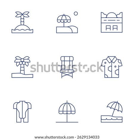 Vacation icons set. Thin Line style, editable stroke. island, beach umbrella, palm tree, beach chair, wetsuit, beach, shirt.