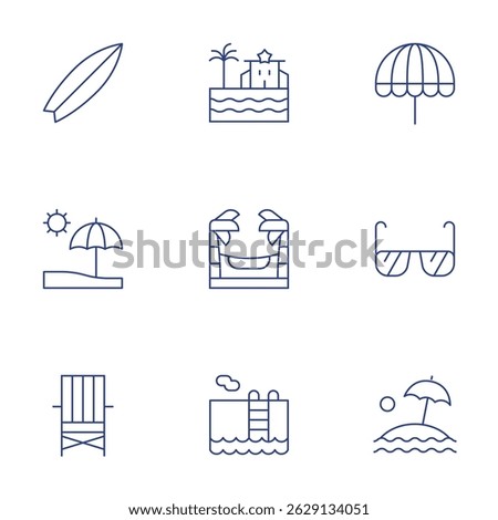 Vacation icons set. Thin Line style, editable stroke. beach, hammock, swimming pool, beach umbrella, sunglasses, sun umbrella, surfboard, umbrella.