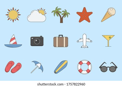 Vacation Icons set - Vector color symbols of travel, holiday day for the site or interface