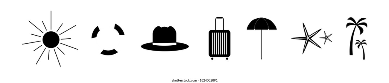 Vacation icons set vector illustration on white. Hat, suitcase, sun, starfish, palm tree, beach umbrella and float.